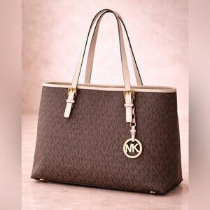 Michael Kors Jet Set Travel Large Tote Brown MK Signature Vanilla Leather